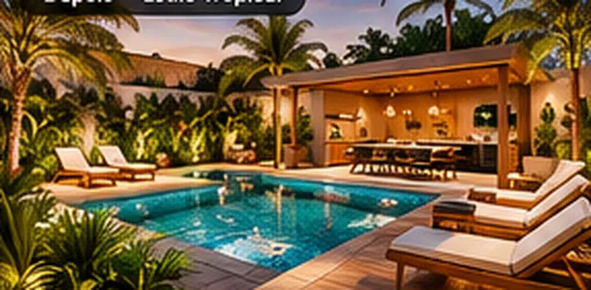 Projeto conceitual de piscina com paisagismo tropical e área gourmet